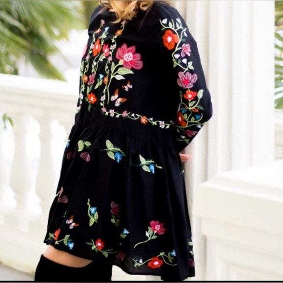 Zara Black Mini Ruffle Tunic Dress With Colorful Floral  Embroidery Design XS - Picture 3 of 12